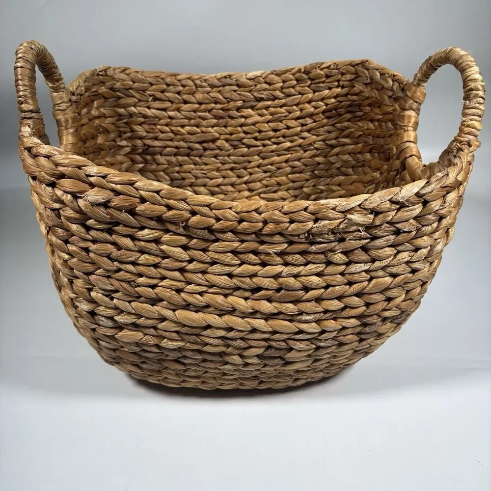 Large Woven Water Hyacinth Storage Basket Handles Scoop Front 17x14x14 Rustic